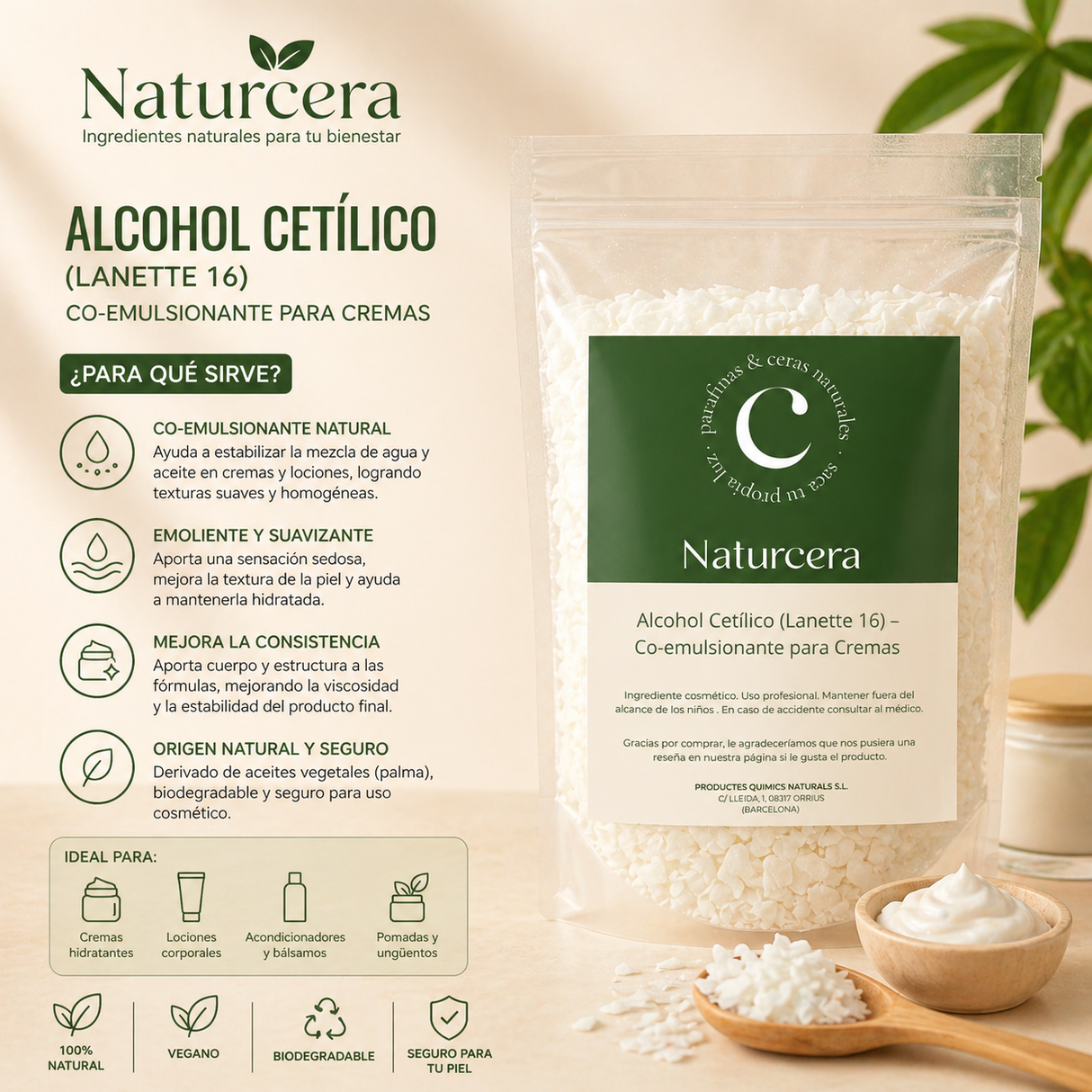 Alcohol Cetílico (Lanette 16) – Co-emulsionante para Cremas