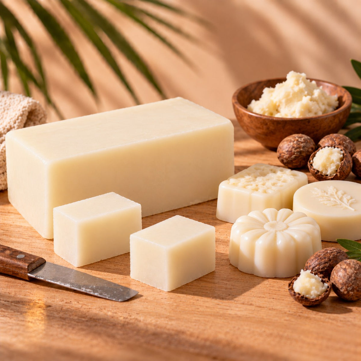Bloque de base de jabón de manteca de karité con dados cortados, nueces de karité y jabones artesanales
