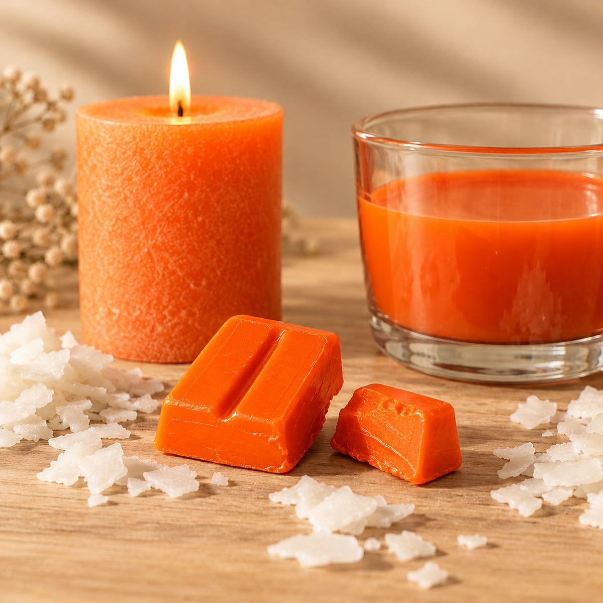 Blocchetti di colorante solido arancione per candele accanto a una candela a colonna e cera fusa colorata di arancione
