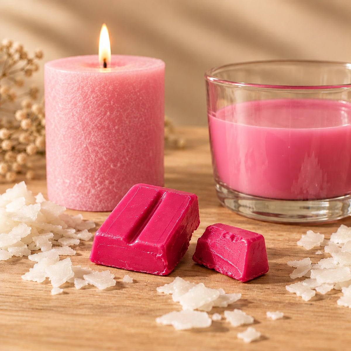 Blocchetti di colorante solido rosa per candele accanto a una candela a colonna e cera fusa colorata di rosa