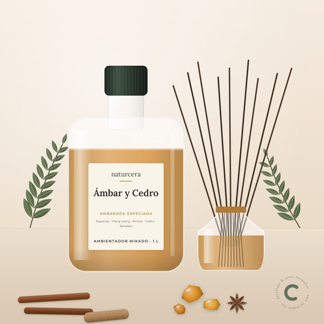 Recarga de ambientador mikado Ámbar y Cedro de Naturcera, envase de 1 L junto a un difusor de varillas
