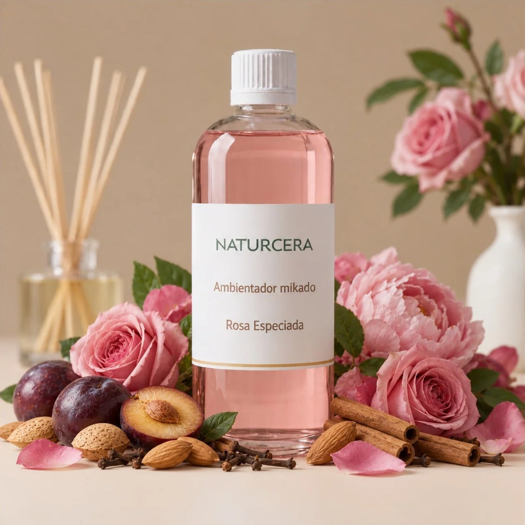 Recarga de ambientador mikado Rosa Especiada de Naturcera, botella de 1 L con los ingredientes de su aroma