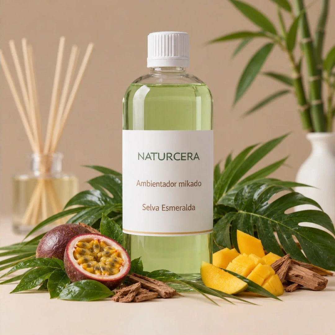Recarga de ambientador mikado Selva Esmeralda de Naturcera, botella de 1 L con los ingredientes de su aroma