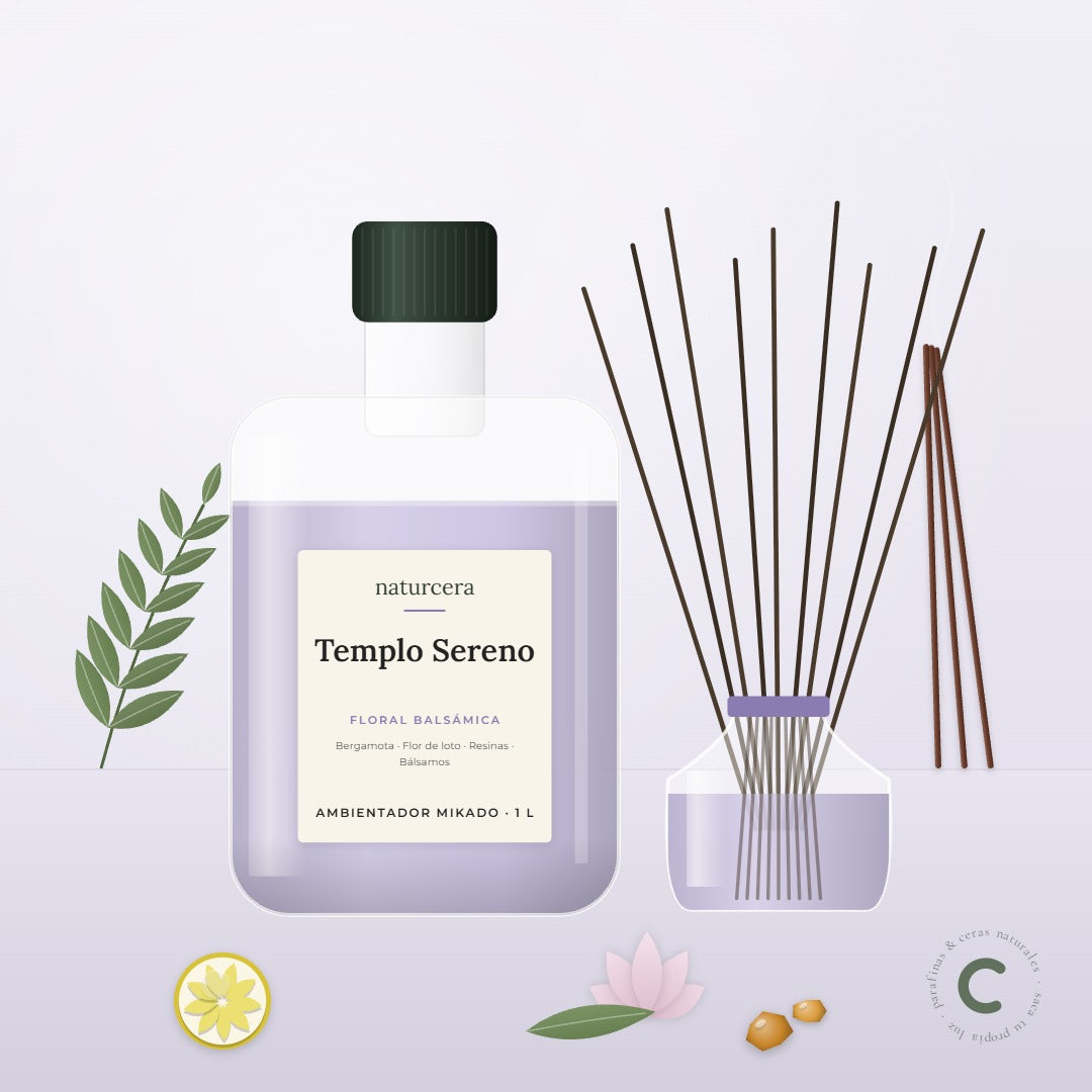 Recarga de ambientador mikado Templo Sereno de Naturcera, envase de 1 L junto a un difusor de varillas