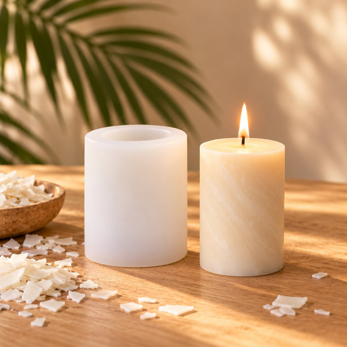 Molde de silicona cilíndrico para velas de pilar junto a vela cilíndrica encendida - Naturcera