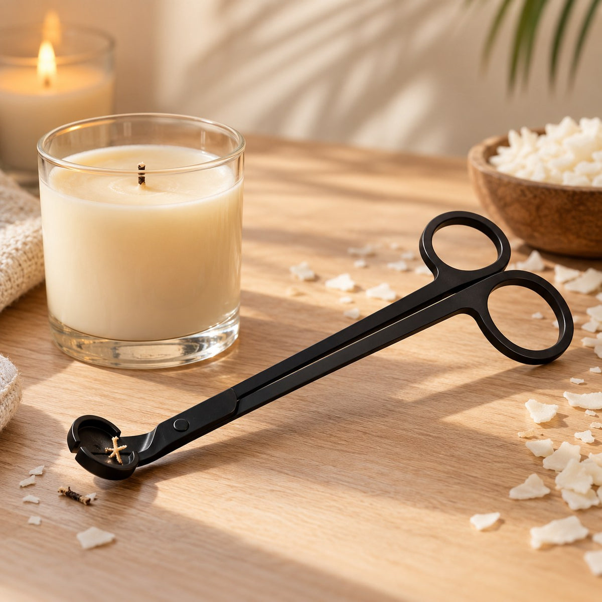 Tijeras cortamechas negras para velas junto a una vela de cera en vaso de cristal - Naturcera
