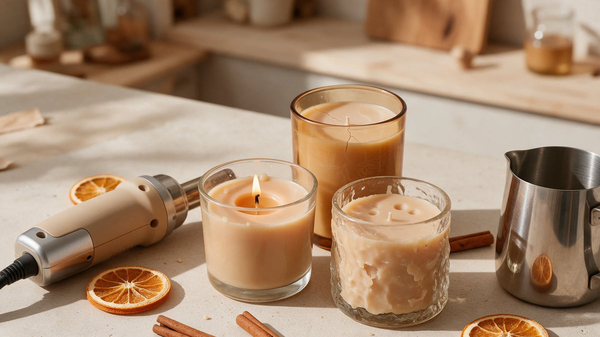 Velas artesanales con agujeros, grietas y manchas húmedas junto a herramientas de trabajo