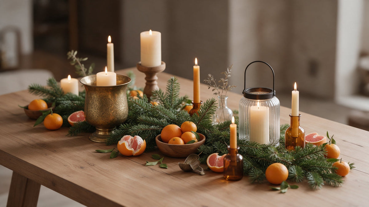 Decoración navideña con velas y elementos naturales colocados lejos de la llama