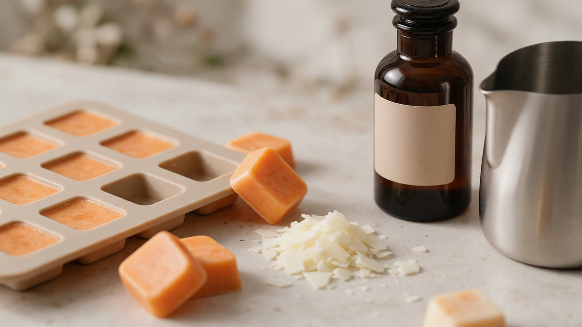 Wax melts caseros con molde, cera, fragancia y herramientas de fabricación