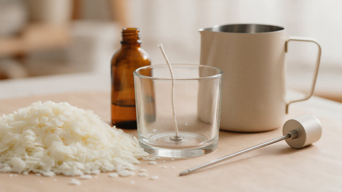 Materiales esenciales para hacer velas aromáticas caseras: cera, mecha, fragancia y recipiente