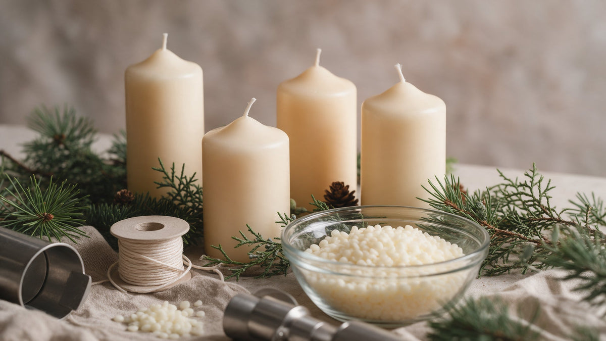 Cuatro velas de pilar para corona de Adviento con cera, mechas y herramientas de fabricación