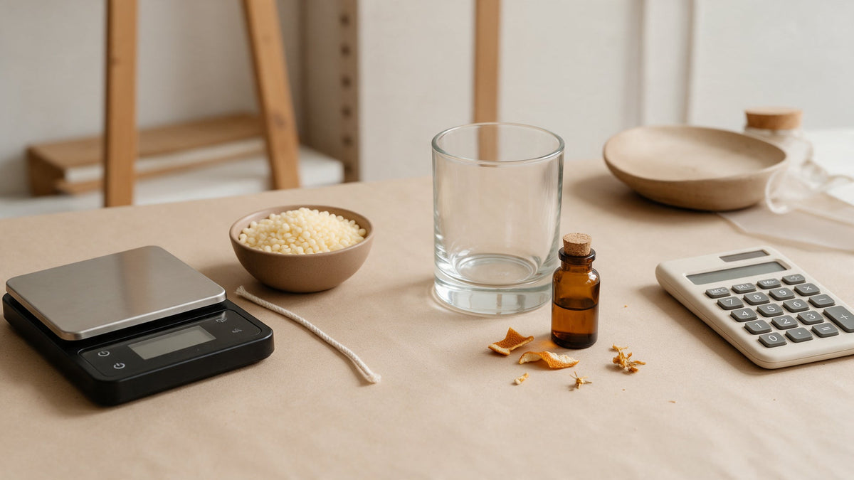Materiales de una vela organizados para calcular costes: cera, mecha, fragancia, envase y báscula