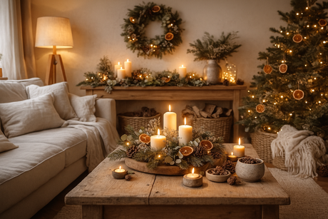 Decoración navideña con velas e ingredientes naturales