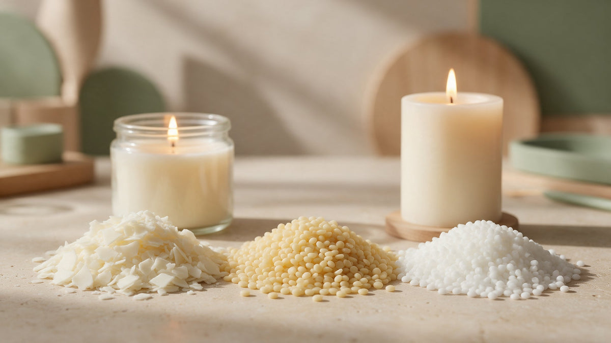 Comparativa visual de materiales para hacer velas: cera de soja, cera de colza y estearina