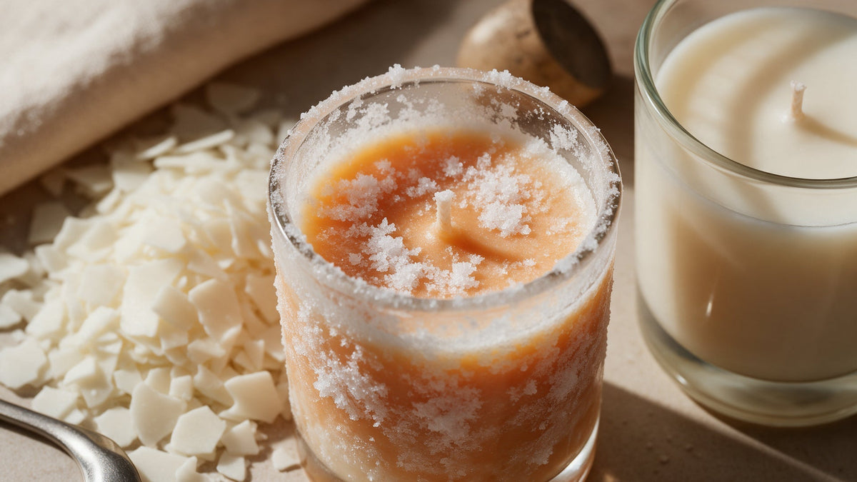 Detalle de frosting o manchas blancas en una vela de cera de soja