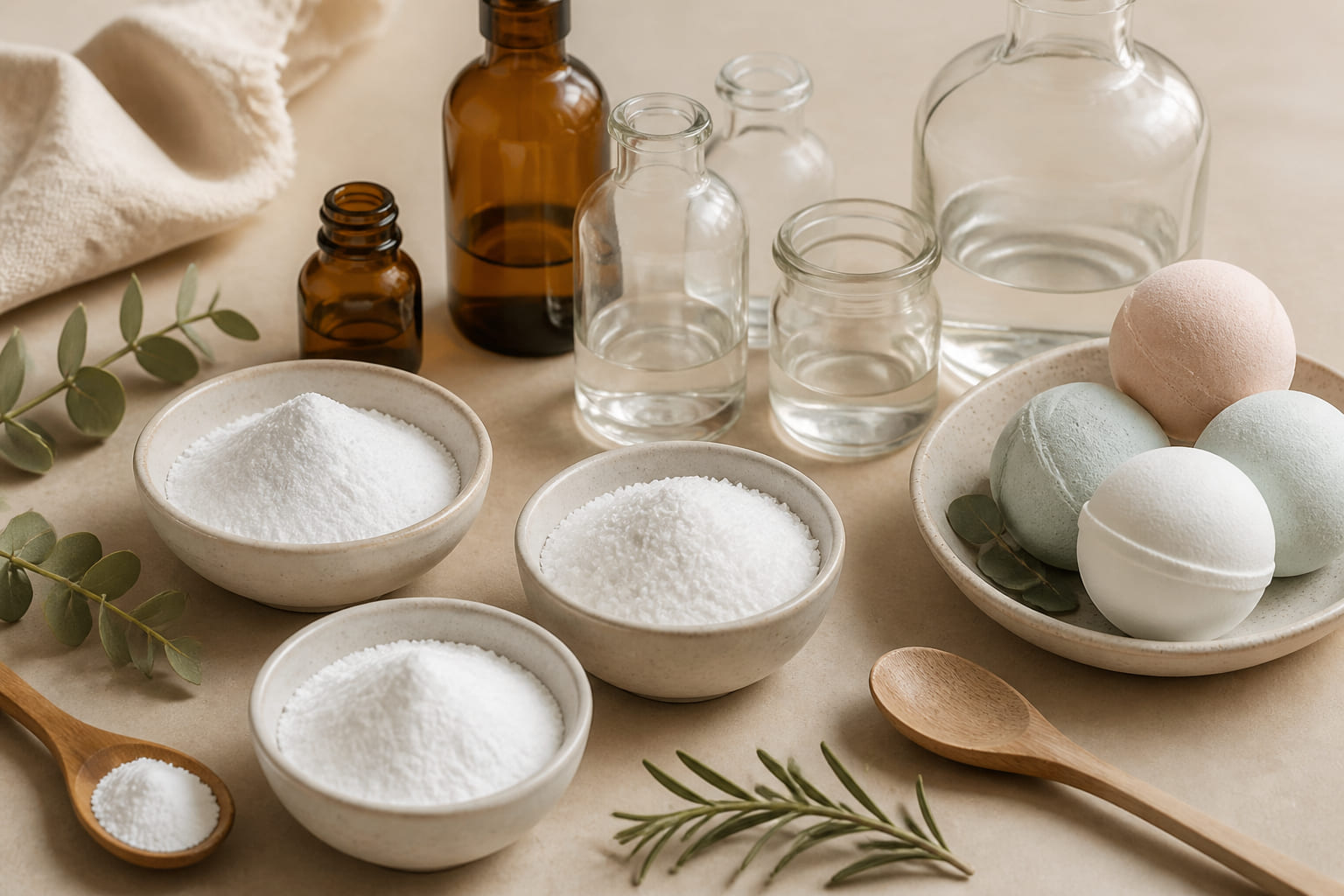 Ingredientes para limpieza natural y bombas de baño DIY