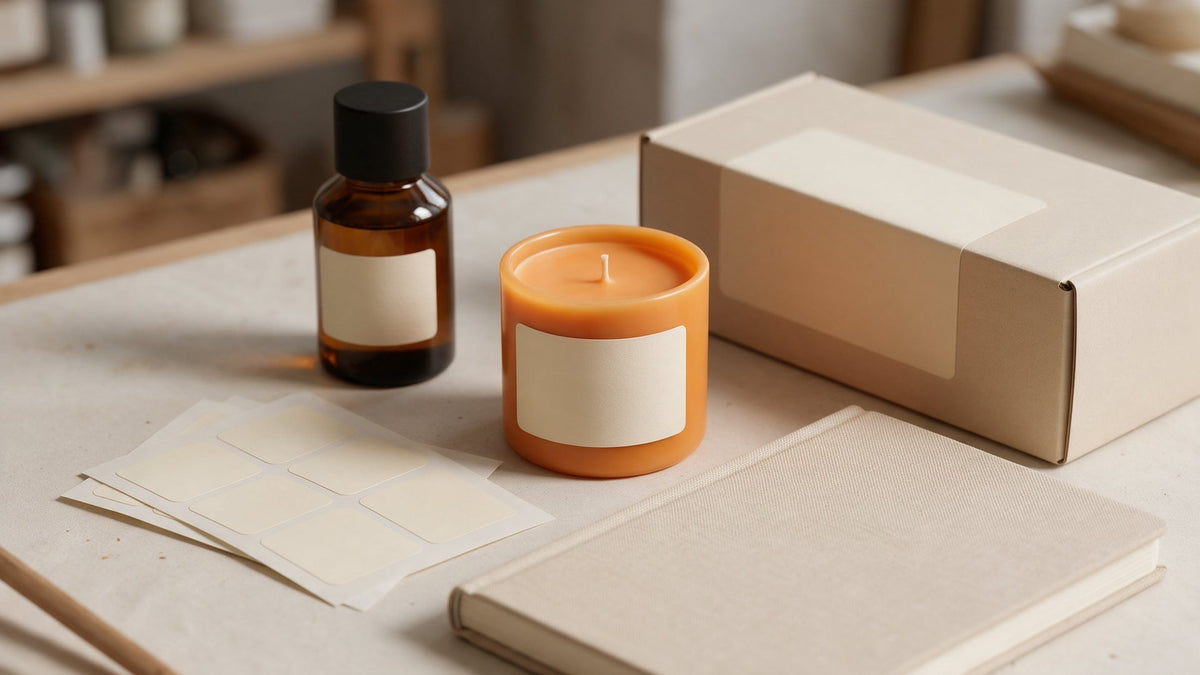 Mesa de trabajo con vela, documentación y etiquetado para venta de velas en la Unión Europea