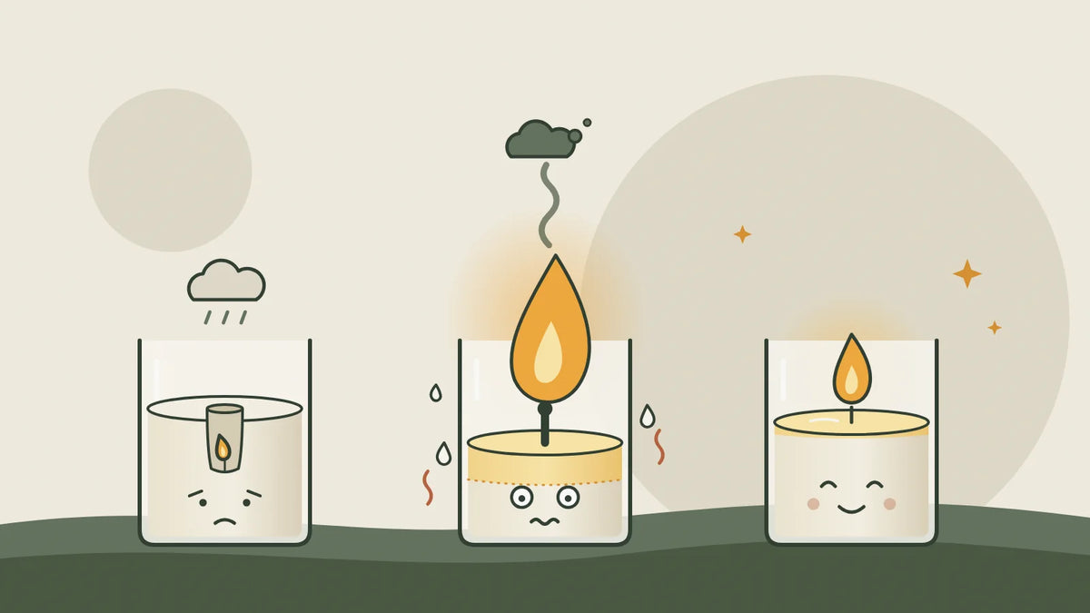 Tres velas en vaso: mecha pequeña que hace túnel, mecha demasiado grande con hollín y mecha justa con la piscina de cera completa