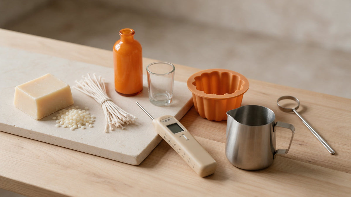Materiales esenciales para hacer velas en casa: cera, mechas, fragancia, recipiente y herramientas