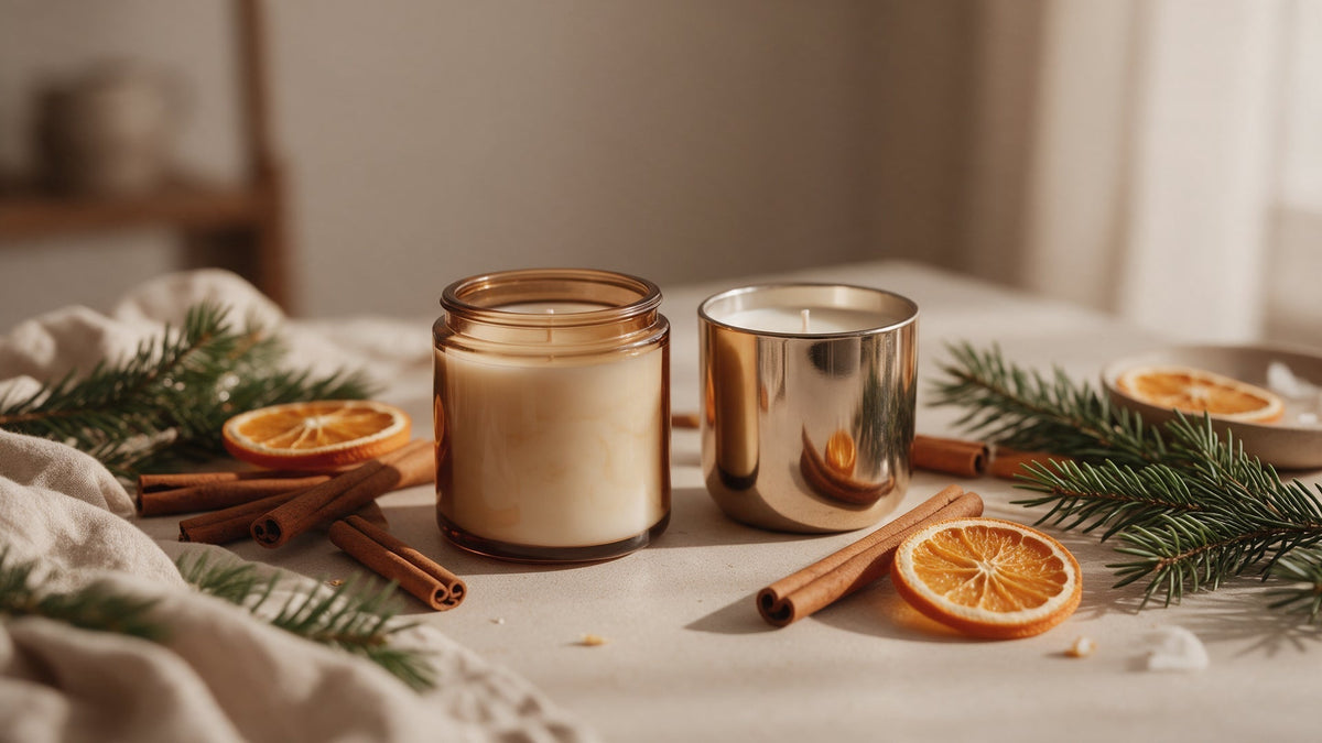 Velas aromáticas de Navidad con fragancias y materiales en tonos cálidos