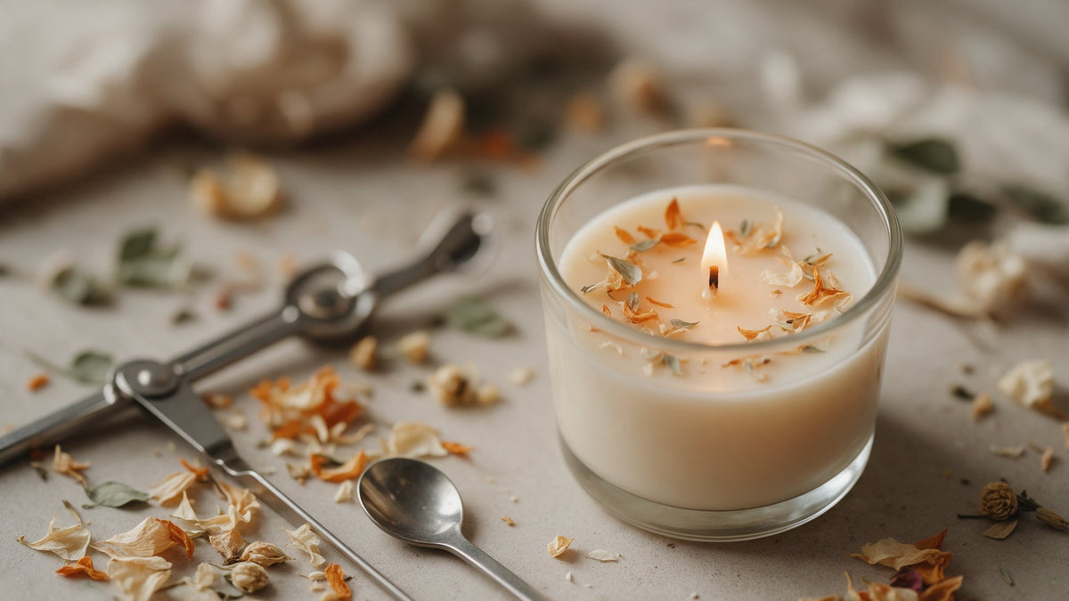 Vela artesanal con flores secas colocadas lejos de la mecha y materiales para hacer velas