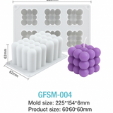 Bubble-Cube-Silikonform GFSM-004 mit 6 Mulden und lila Blasenwürfel-Kerzen