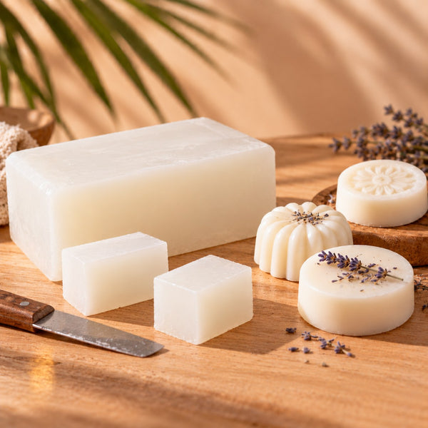 Blocco di base per sapone alla glicerina bianca con cubetti tagliati e saponi artigianali alla lavanda