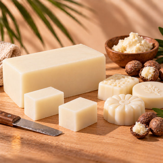 Bloque de base de jabón de manteca de karité con dados cortados, nueces de karité y jabones artesanales