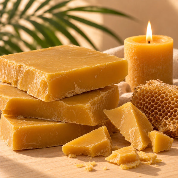 Bloques de cera de abeja amarilla pura en placas con panal y vela de cera de abeja, Naturcera