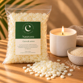 Bolsa Naturcera de cera de arroz en pastillas con vela en vaso de cerámica