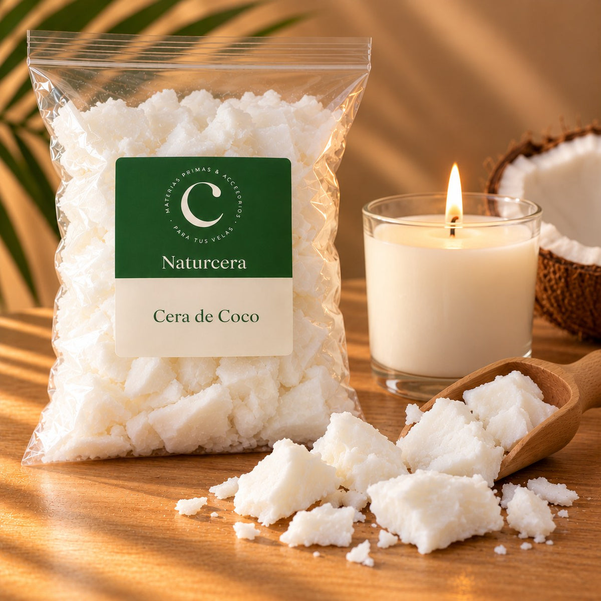 Bolsa de cera de coco para velas en trozos con vela en vaso encendida - Naturcera