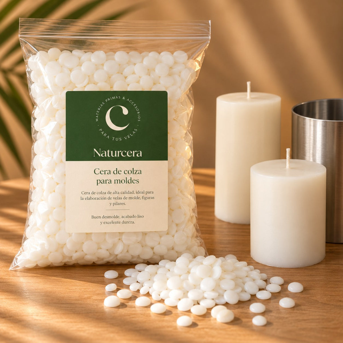 Bolsa Naturcera de cera de colza para moldes en pastillas con velas de pilar y molde metálico