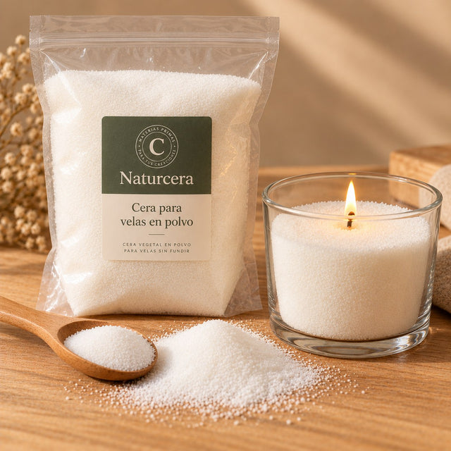 Bolsa Naturcera de cera para velas en polvo blanca con vaso de cera en polvo y mecha encendida
