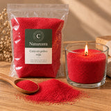 Bolsa Naturcera de cera para velas en polvo roja con vaso de cera en polvo y mecha encendida