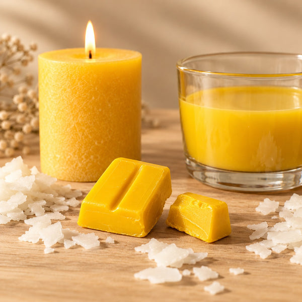 Blocchetti di colorante solido giallo per candele accanto a una candela a colonna e cera fusa colorata di giallo