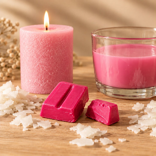 Blocchetti di colorante solido rosa per candele accanto a una candela a colonna e cera fusa colorata di rosa
