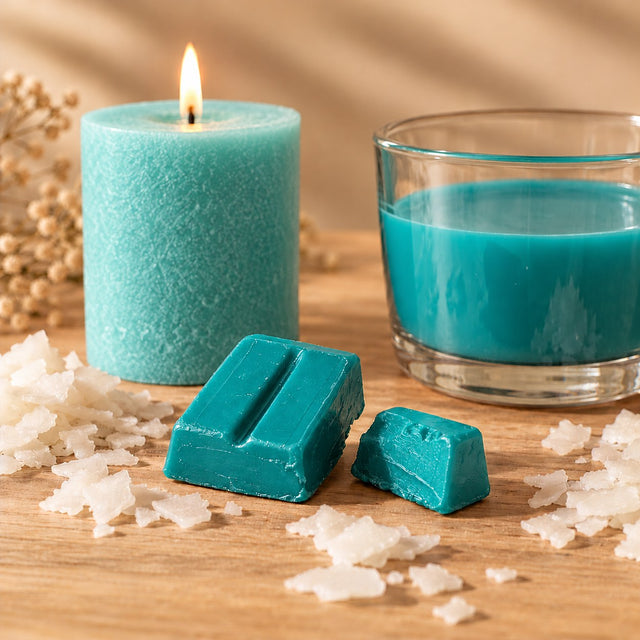 Blocchetti di colorante solido turchese per candele accanto a una candela a colonna e cera fusa colorata di turchese