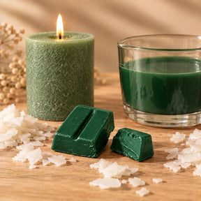 Blocchetti di colorante solido verde per candele accanto a una candela a colonna e cera fusa colorata di verde