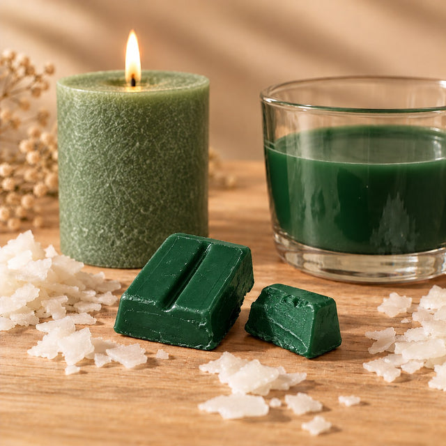 Blocchetti di colorante solido verde per candele accanto a una candela a colonna e cera fusa colorata di verde