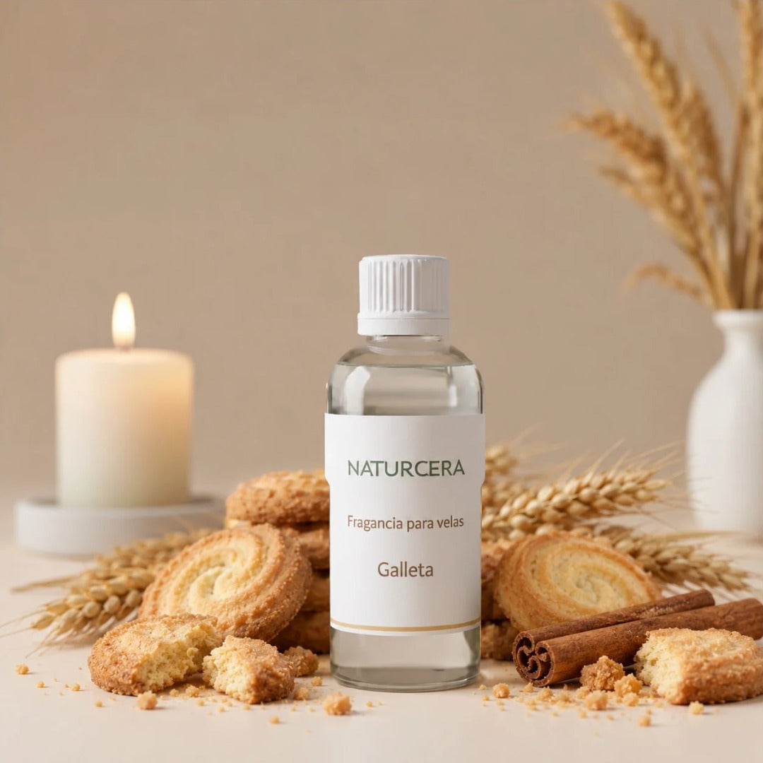 Fragancia para velas Galleta de Naturcera, botella de vidrio con los ingredientes de su aroma