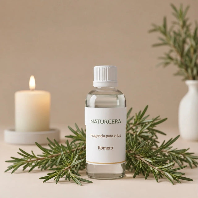 Fragancia para velas Romero de Naturcera, botella de vidrio con los ingredientes de su aroma