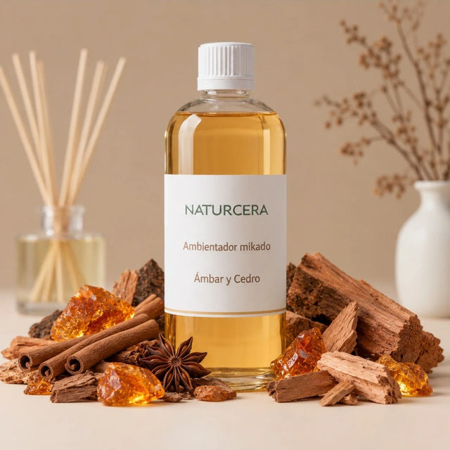 Recarga de ambientador mikado Ámbar y Cedro de Naturcera, botella de 1 L con los ingredientes de su aroma
