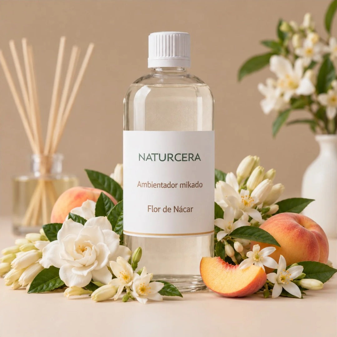Recarga de ambientador mikado Flor de Nácar de Naturcera, botella de 1 L con los ingredientes de su aroma