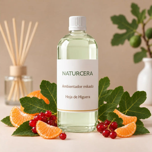 Recarga de ambientador mikado Hoja de Higuera de Naturcera, botella de 1 L con los ingredientes de su aroma