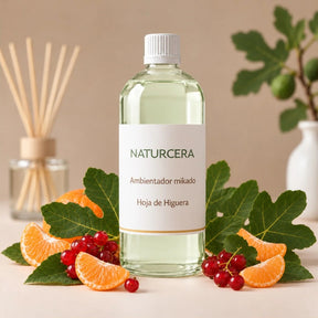 Recarga de ambientador mikado Hoja de Higuera de Naturcera, botella de 1 L con los ingredientes de su aroma