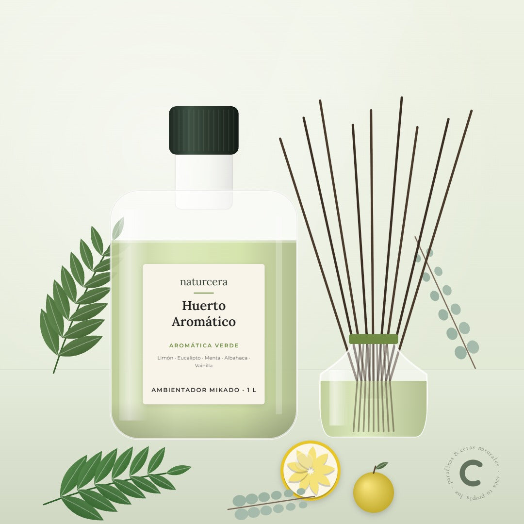 Recarga de ambientador mikado Huerto Aromático de Naturcera, envase de 1 L junto a un difusor de varillas