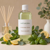 Recarga de ambientador mikado Huerto Aromático de Naturcera, botella de 1 L con los ingredientes de su aroma