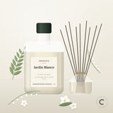 Recarga de ambientador mikado Jardín Blanco de Naturcera, envase de 1 L junto a un difusor de varillas