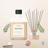 Recarga de ambientador mikado Musa Floral de Naturcera, envase de 1 L junto a un difusor de varillas