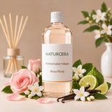 Recarga de ambientador mikado Musa Floral de Naturcera, botella de 1 L con los ingredientes de su aroma